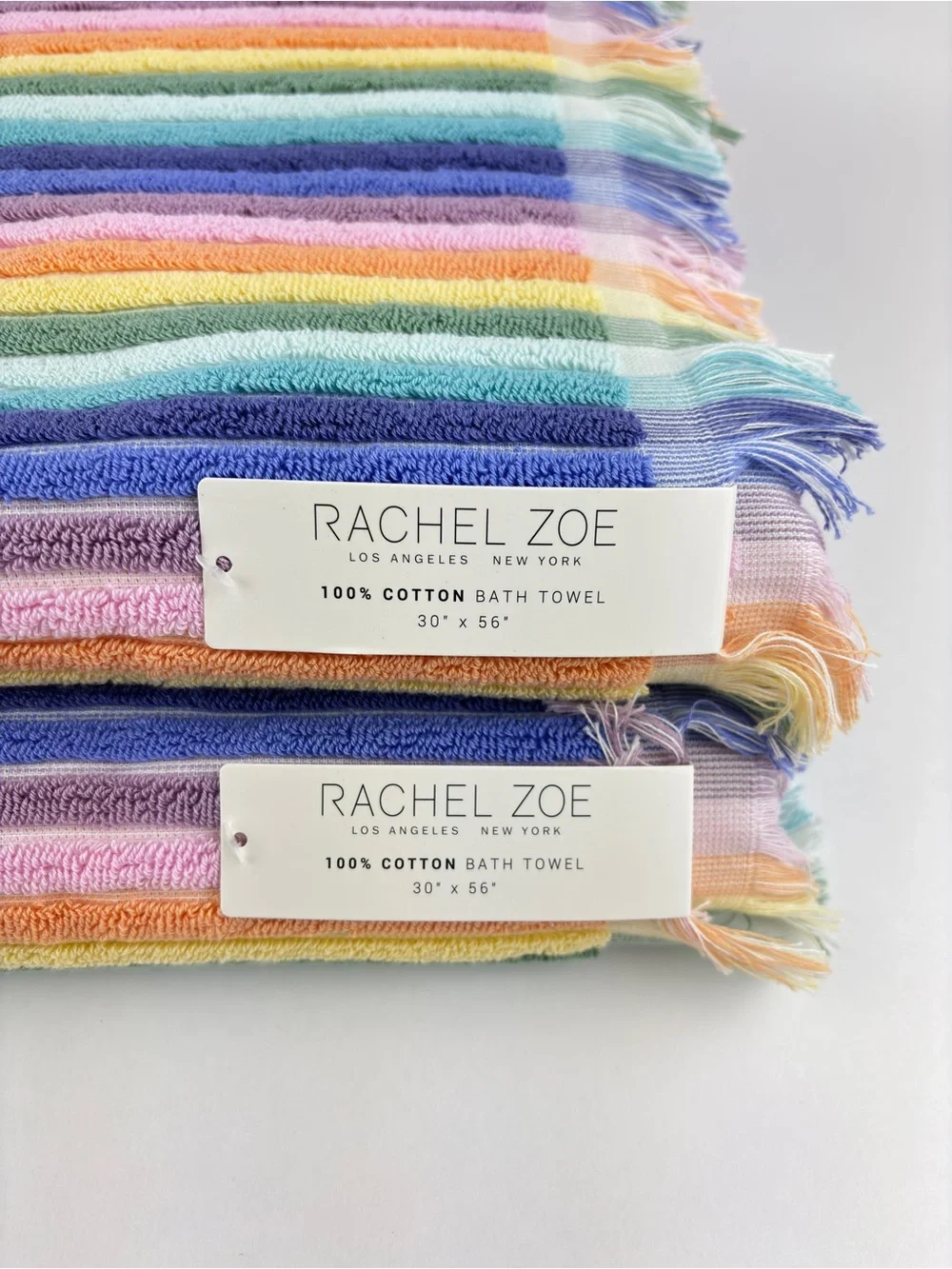 NWT Rachel Zoe Rainbow Striped Cotton Bath Towels Set of 2 Fringe Tassel Boho